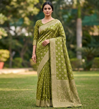 Mehendi Green Viscose Gaji Satin Jacquard Saree with Traditional Woven Motifs & Rich Border | Smooth Texture Festive Saree