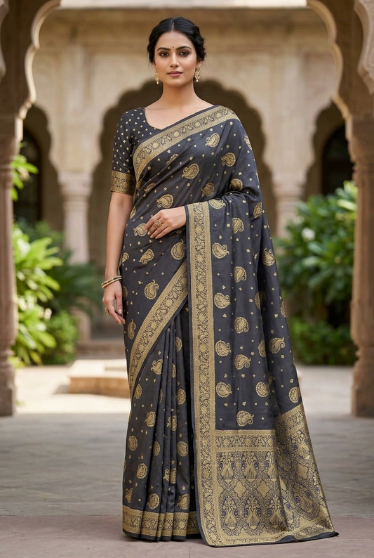 Navy Dark Blue Viscose Organza Satin Jacquard Saree with Gold Paisley Motifs & Rich Woven Border | Smooth Texture Saree