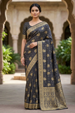 Navy Dark Blue Viscose Organza Satin Jacquard Saree with Gold Paisley Motifs & Rich Woven Border | Smooth Texture Saree