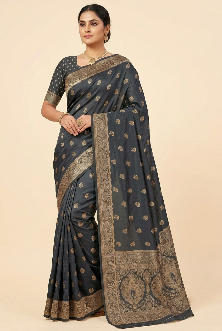 Navy Dark Blue Viscose Bamboo Satin Jacquard Saree with Gold Floral Butti