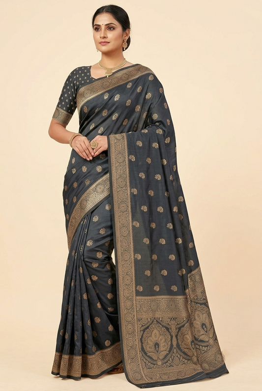 Navy Dark Blue Viscose Bamboo Satin Jacquard Saree with Gold Floral Butti