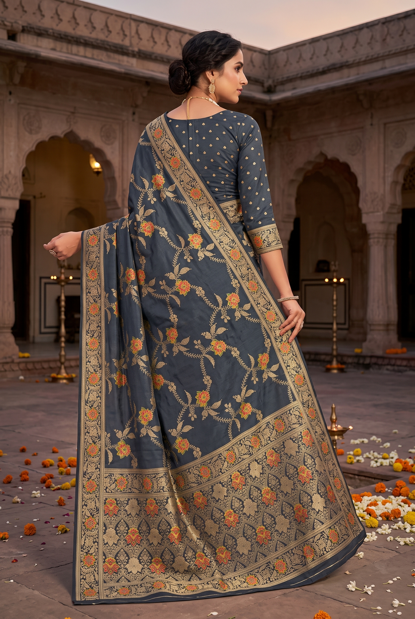 Navy Dark Blue Viscose Banarasi Jacquard Saree | Meenakari Floral Work