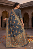Navy Dark Blue Viscose Banarasi Jacquard Saree | Meenakari Floral Work