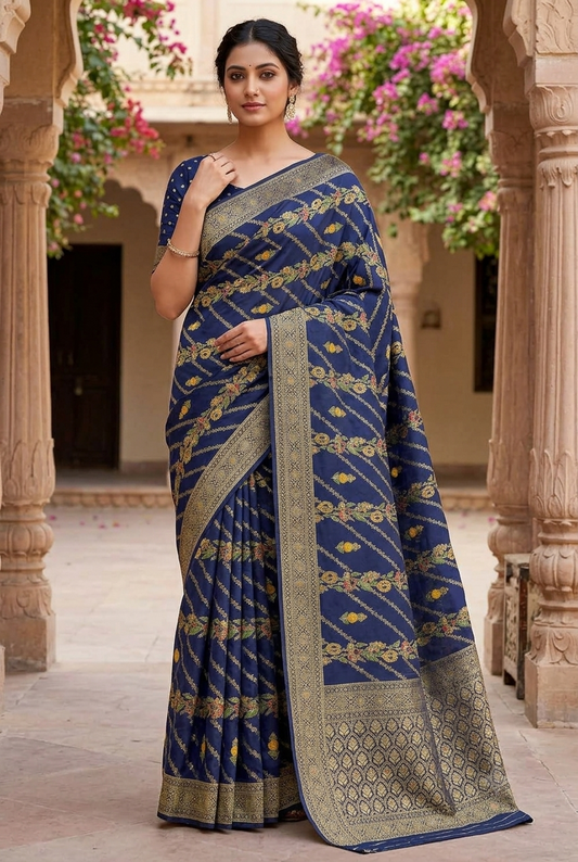 Blue Viscose Banarasi Jacquard Saree | Meenakari Floral Vine Work