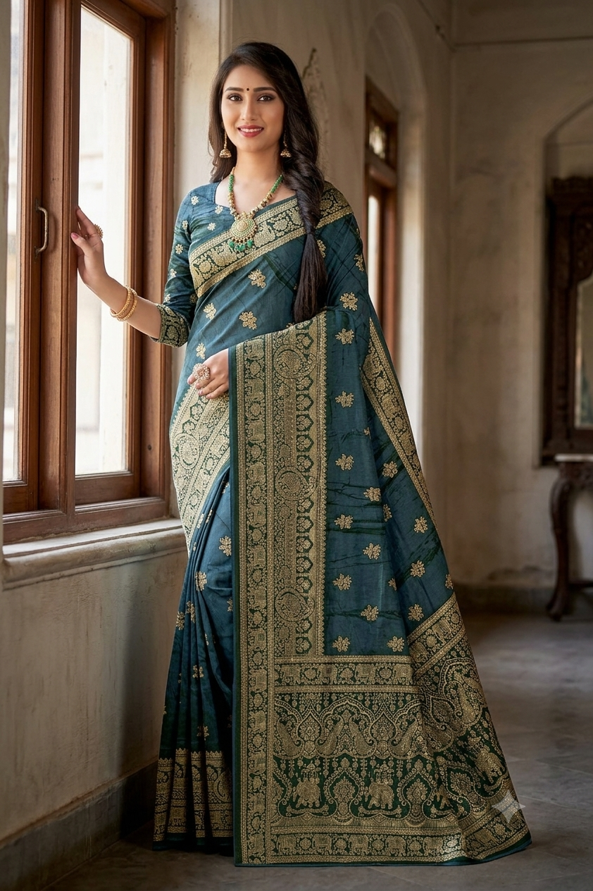 Elegant Ethnic Dark Navy Blue  Jacquard Saree with Designer Pallu