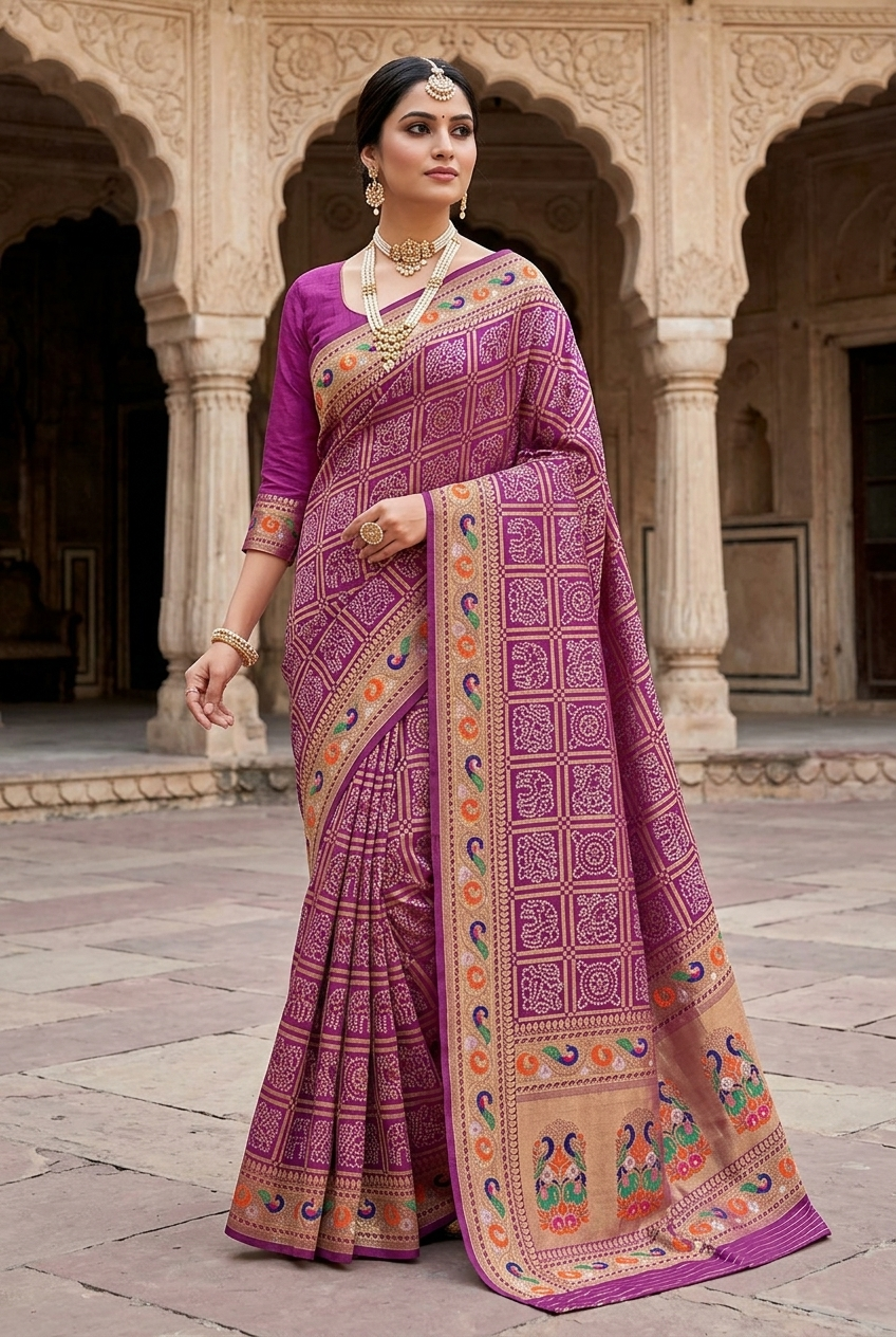 Purple Banarasi Bandhani Paithani Jacquard Saree | Heavy Meenakari Work