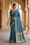 Elegant Teal Blue Nylon Jacquard Saree with Antique Gold Woven Motifs
