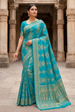 Elegant Turquoise Blue Nylon Jacquard Saree with Antique Gold Geometric Woven Design