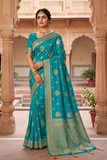 Royal Turquoise Blue Nylon Jacquard Saree with Golden Floral Woven Motifs