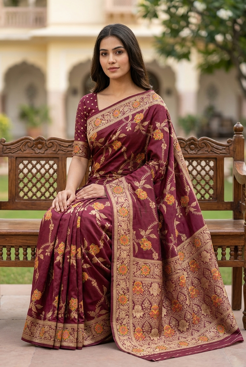 Viscose Meenakari Work Jacquard Saree – Rich Wine Maroon Floral Designer Saree