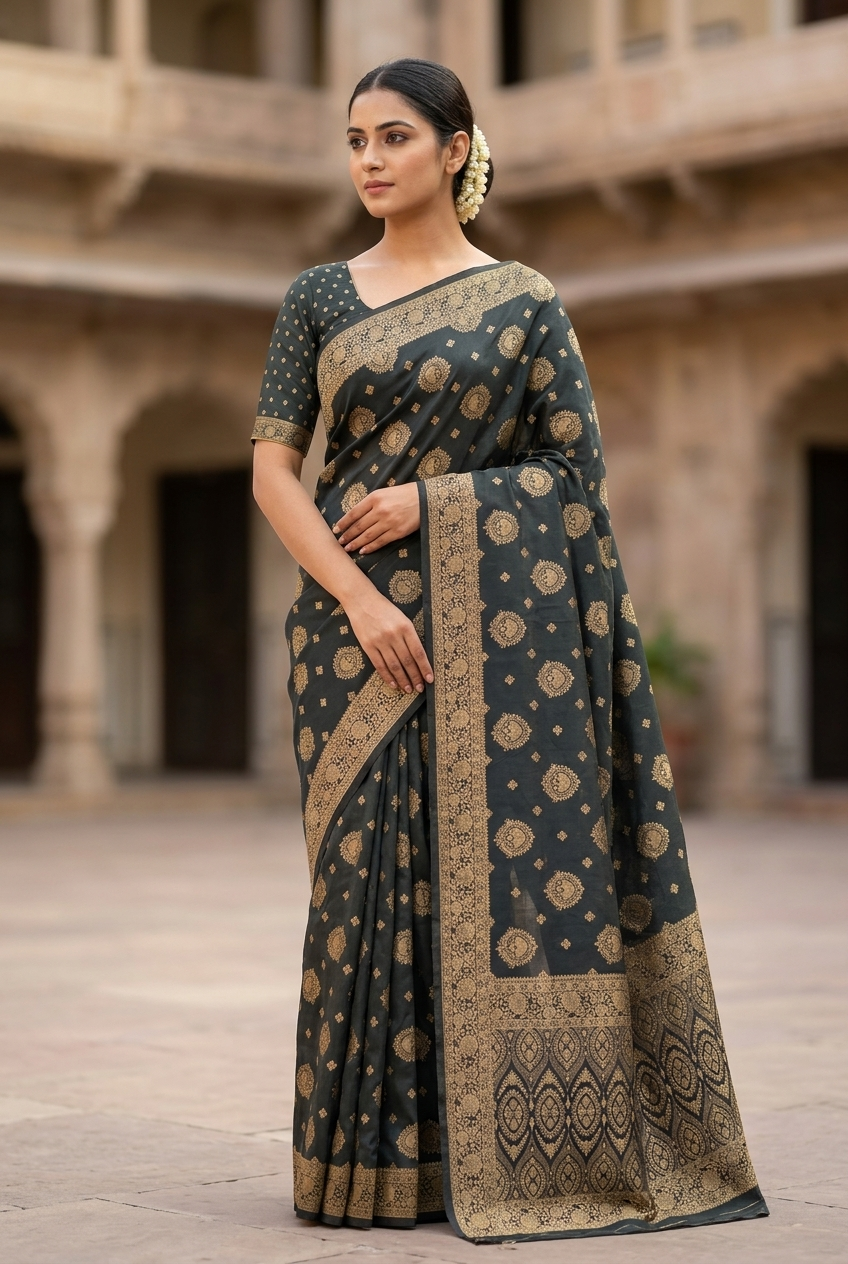 Viscose Satin Jacquard Saree – Charcoal Grey Designer Saree with Traditional Woven Work