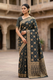 Viscose Satin Jacquard Saree – Charcoal Grey Designer Saree with Traditional Woven Work