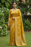 Mustard Yellow Nylon Satin Jacquard Saree with Woven Floral Zari Border & Pallu