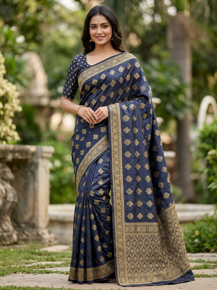 Navy Blue Viscose Gaji Satin Jacquard Saree with Golden Diamond Motifs & Woven Border
