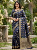 Navy Blue Viscose Gaji Satin Jacquard Saree with Golden Diamond Motifs & Woven Border