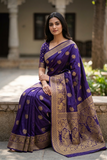 Royal Purple Viscose Jacquard Saree with Woven Peacock & Elephant Border