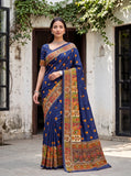 Navy Blue Viscose Pashmina Jacquard Saree with Multicolor Kashmiri Digital Print Border