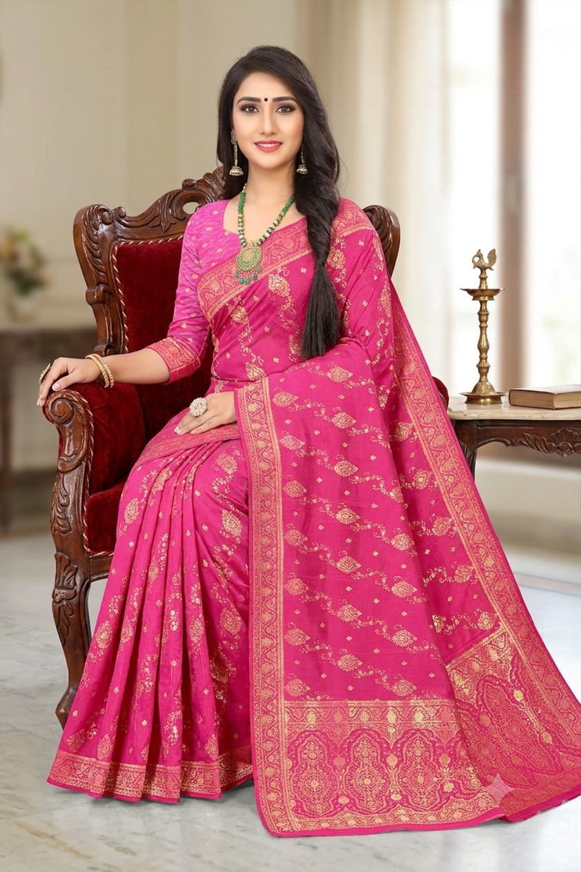 Graceful Jacquard Banarasi Style Saree for Women with Dark Pink Colour