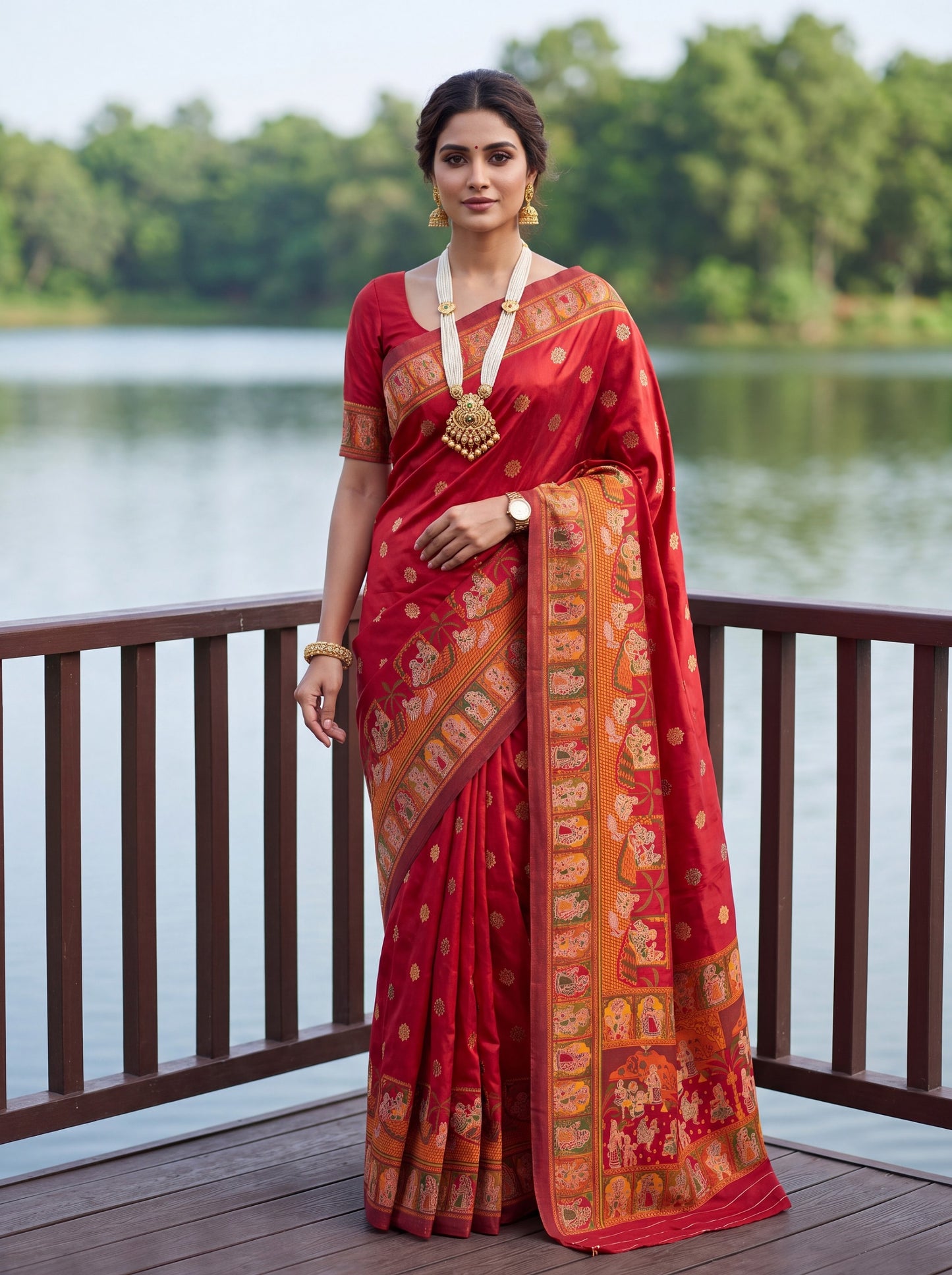 Red Viscose Pashmina Jacquard Saree with Multicolor Pichwai Kalamkari Border
