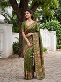 Olive Green Viscose Pashmina Jacquard Saree with Multicolor Pichwai Kalamkari Border