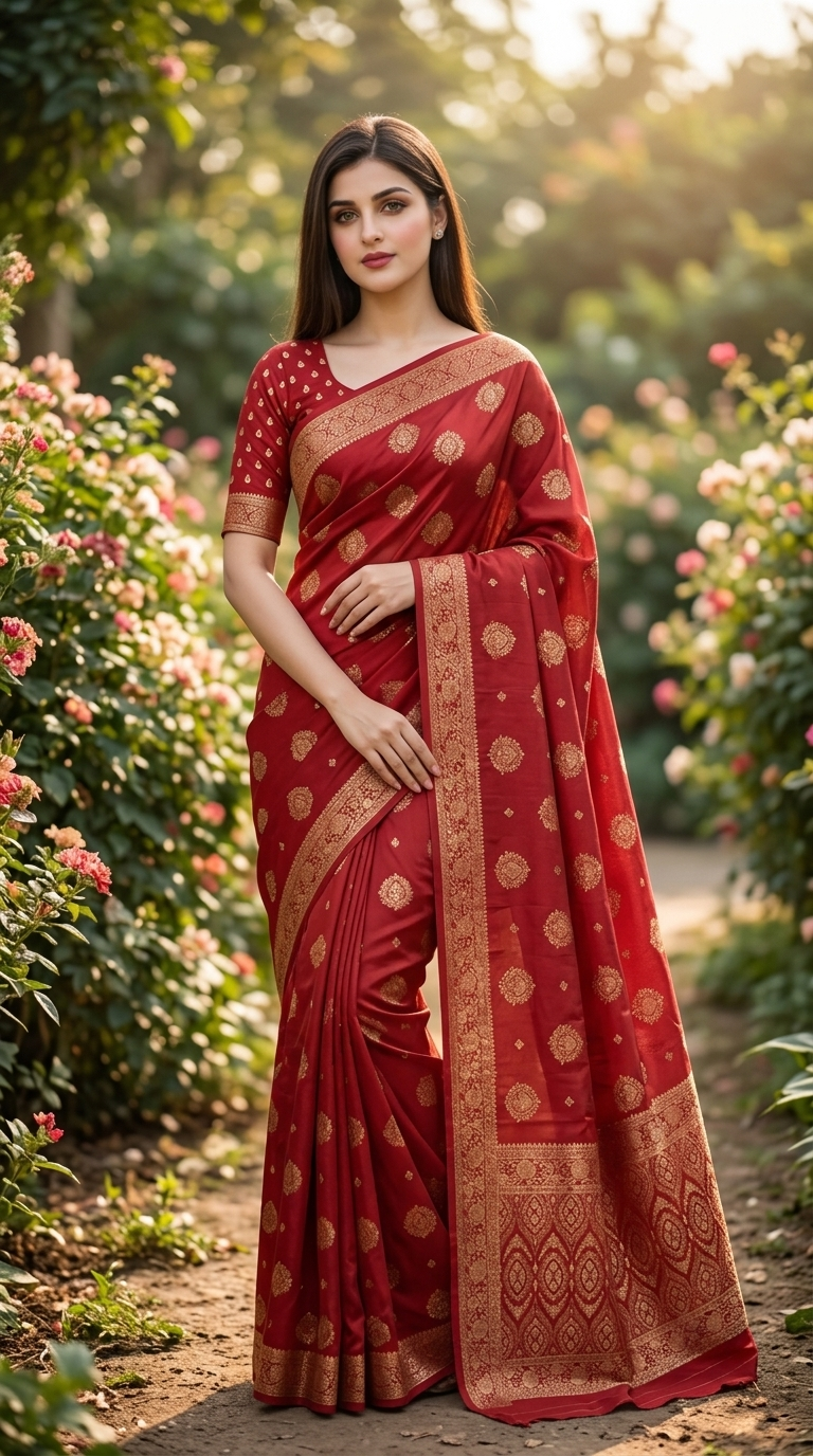 Maroon Red Jacquard Saree with Golden Butti Motifs, Rich Woven Border & Designer Pallu