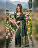 Bottle Green Banarasi Silk Saree with Gold Zari Buti Work & Rich Paisley Pallu