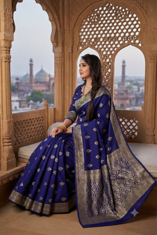Rich Woven Royal  Blue Viscose Satin Banarasi Silk Saree