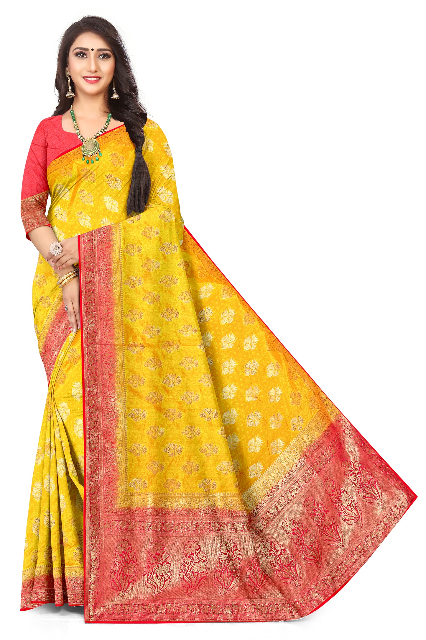 Yellow with red palav Graceful Jacquard Banarasi Style Saree with swarovski work for Women