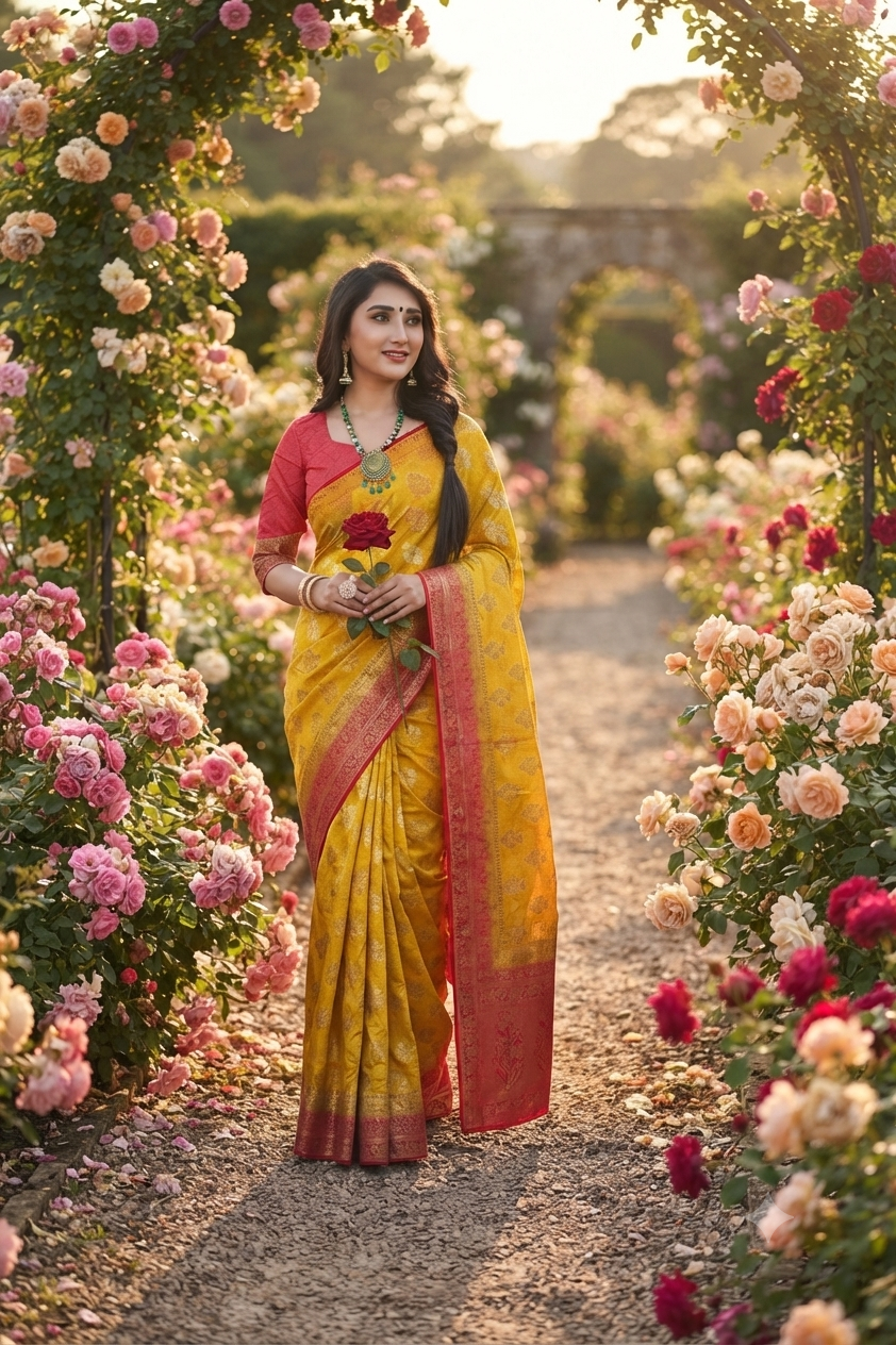 Yellow with red palav Graceful Jacquard Banarasi Style Saree with swarovski work for Women