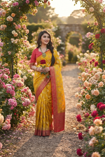 Yellow with red palav Graceful Jacquard Banarasi Style Saree with swarovski work for Women