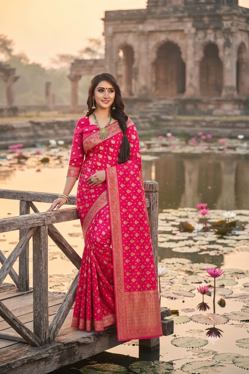 Royal Red  Banarasi Style Jacquard Silk Saree with Rich Woven Border