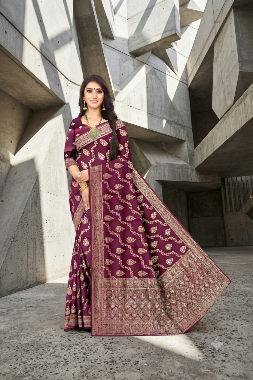 Luxury Wedding Dark Maroon Wear Jacquard Silk Saree