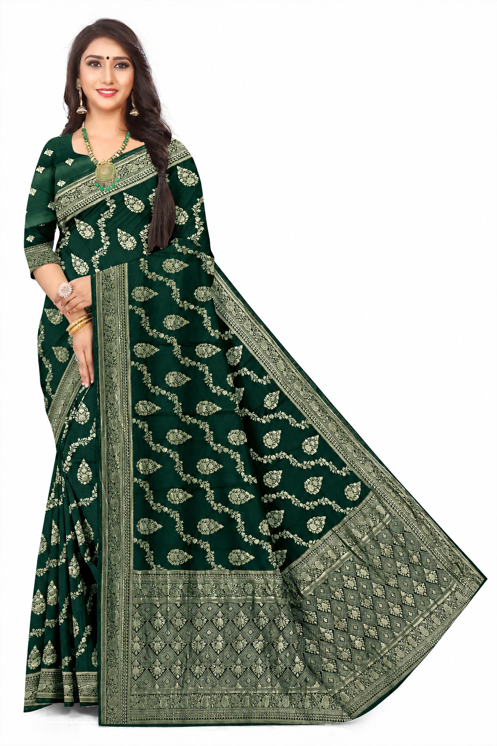 Luxury Wedding Dark Green Wear Jacquard Silk Saree