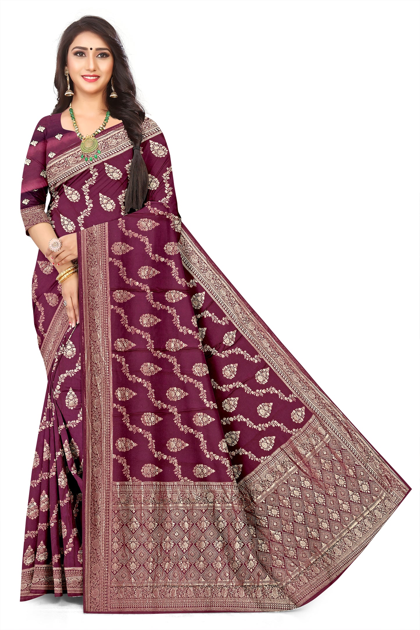 Luxury Wedding Dark Maroon Wear Jacquard Silk Saree