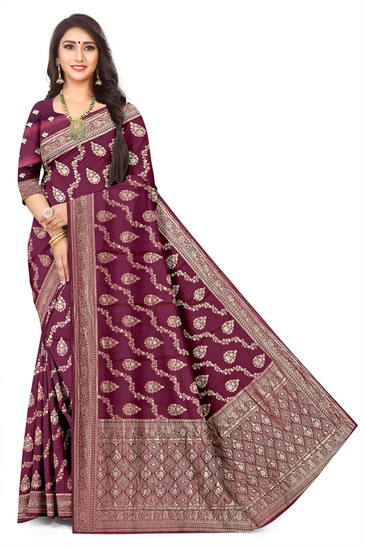 Luxury Wedding Dark Maroon Wear Jacquard Silk Saree