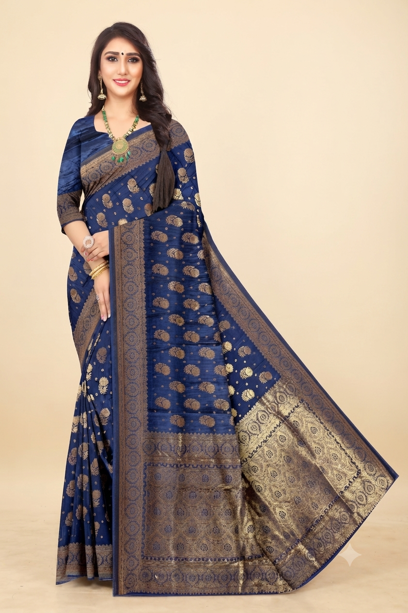 Modern Designer Navy Blue Jacquard Silk Saree for Women