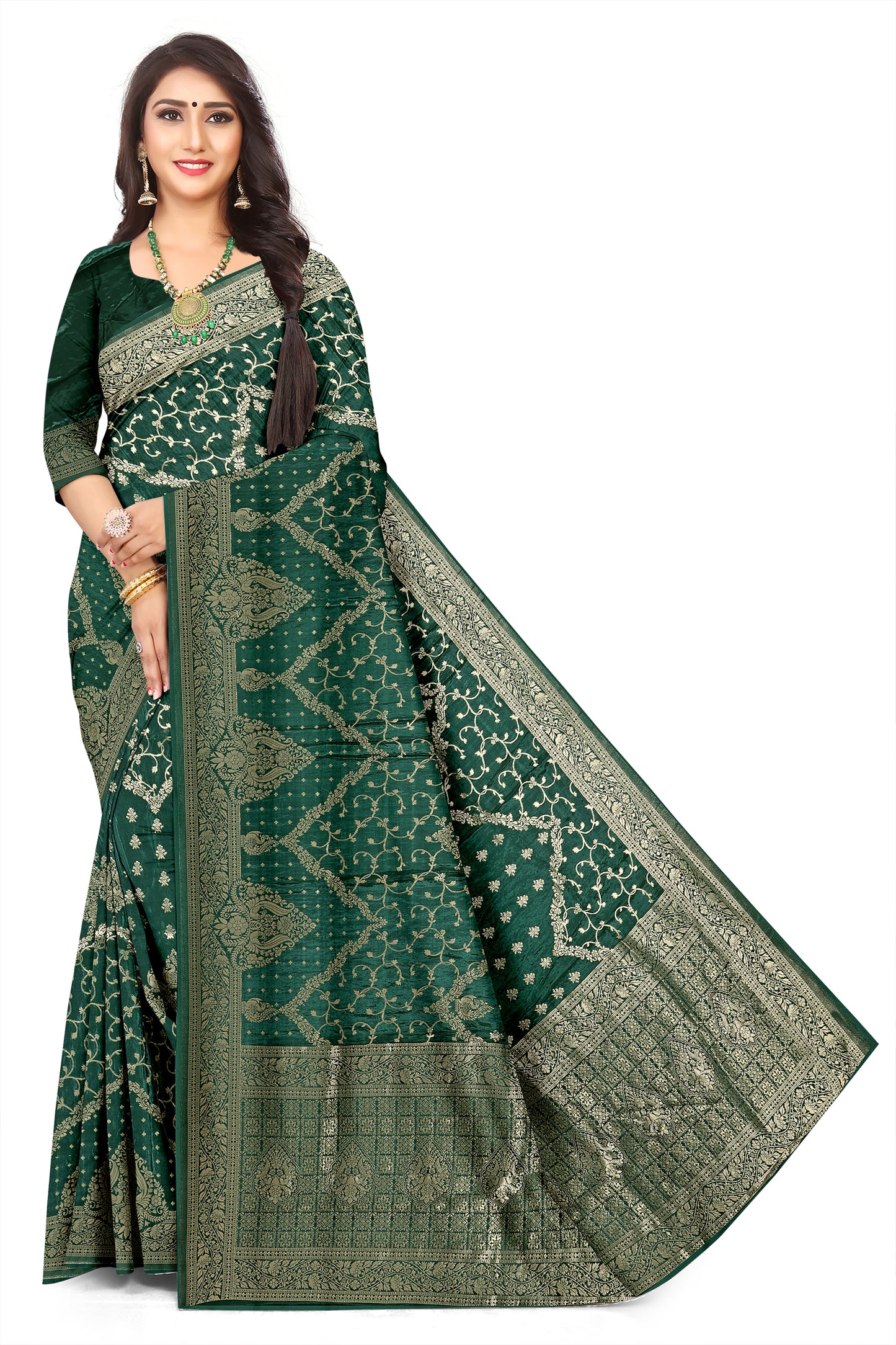 South Indian Style Temple Border Dark Green Jacquard Saree