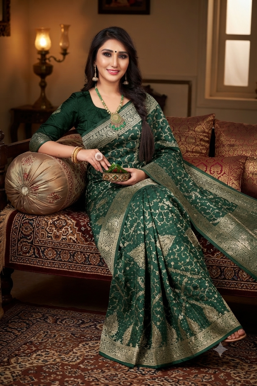 South Indian Style Temple Border Dark Green Jacquard Saree
