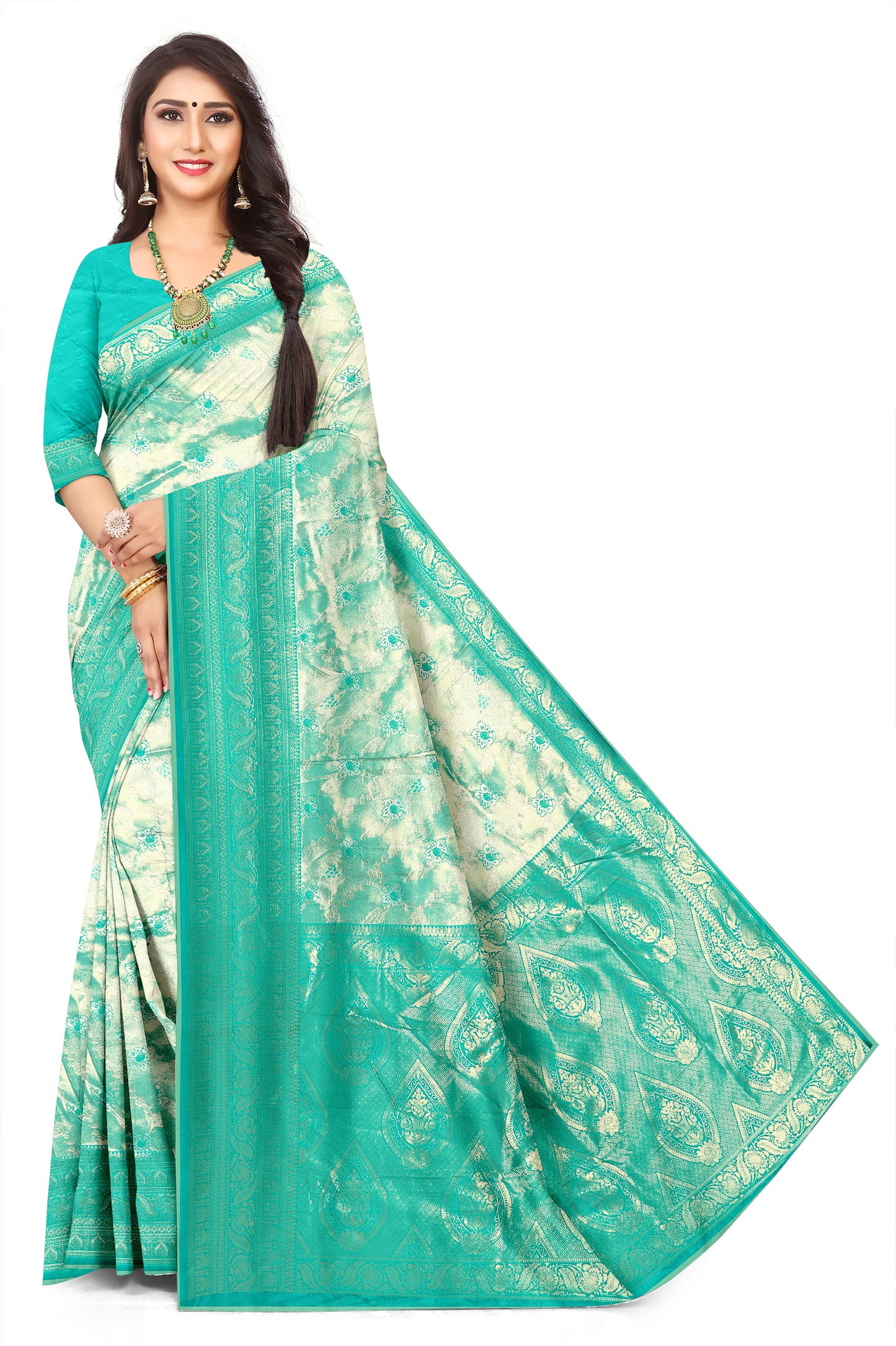 Elegant Floral Rama Colour  tissue Jacquard Silk Saree with Designer Border