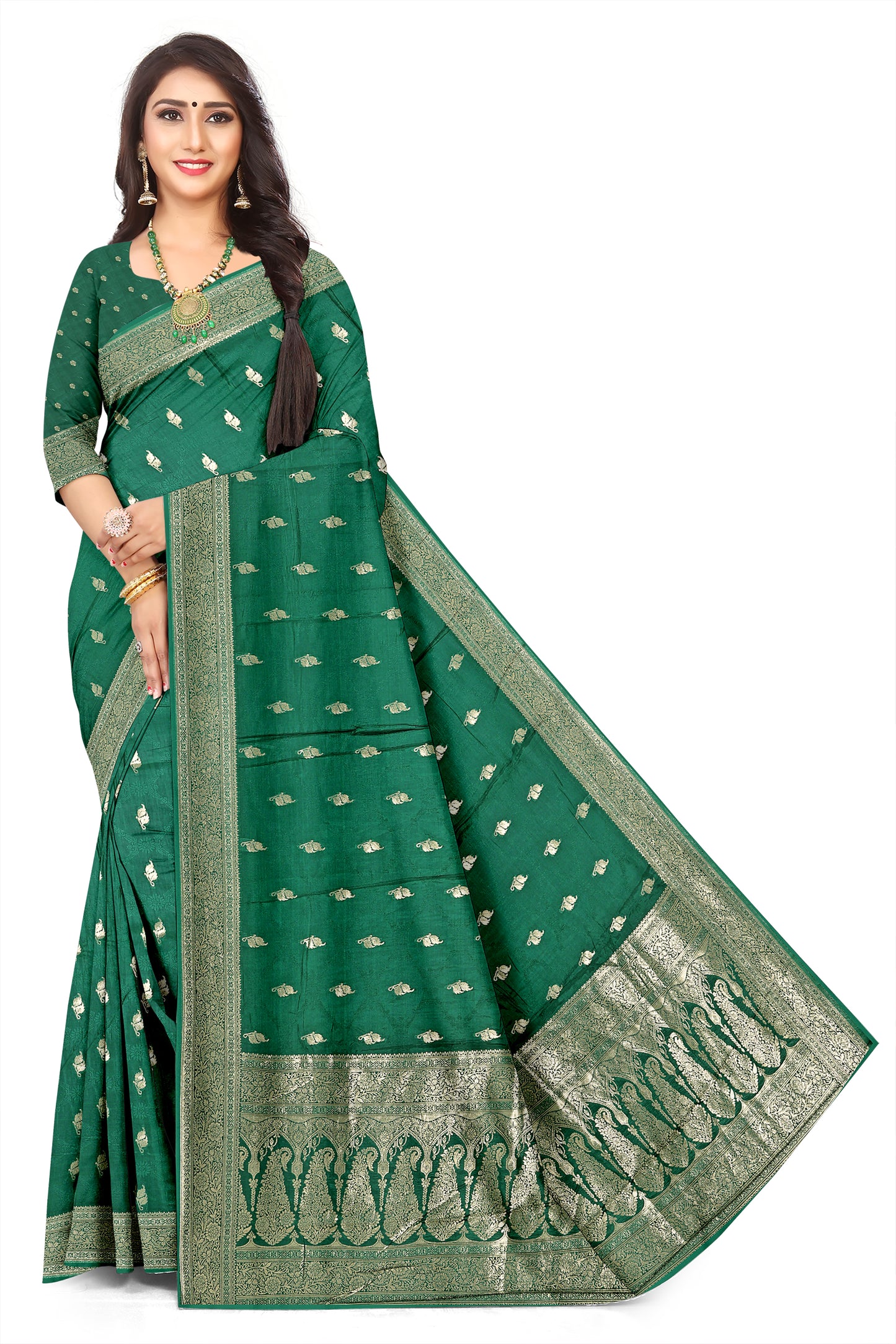 Premium Bloom Dark Green Jacquard Silk Saree with Rich Pallu