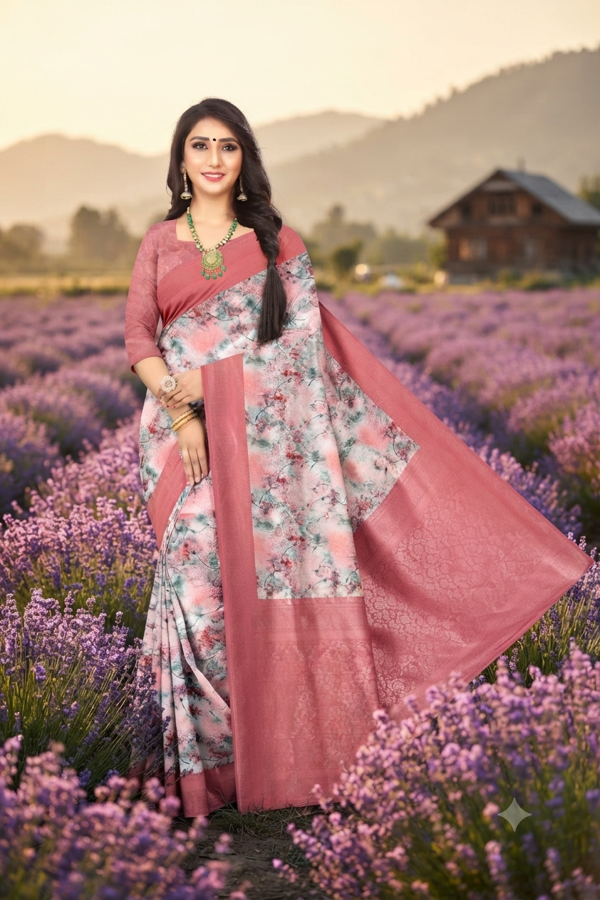 Designer Digital Print Flower Small Buti Motif Jacquard Saree