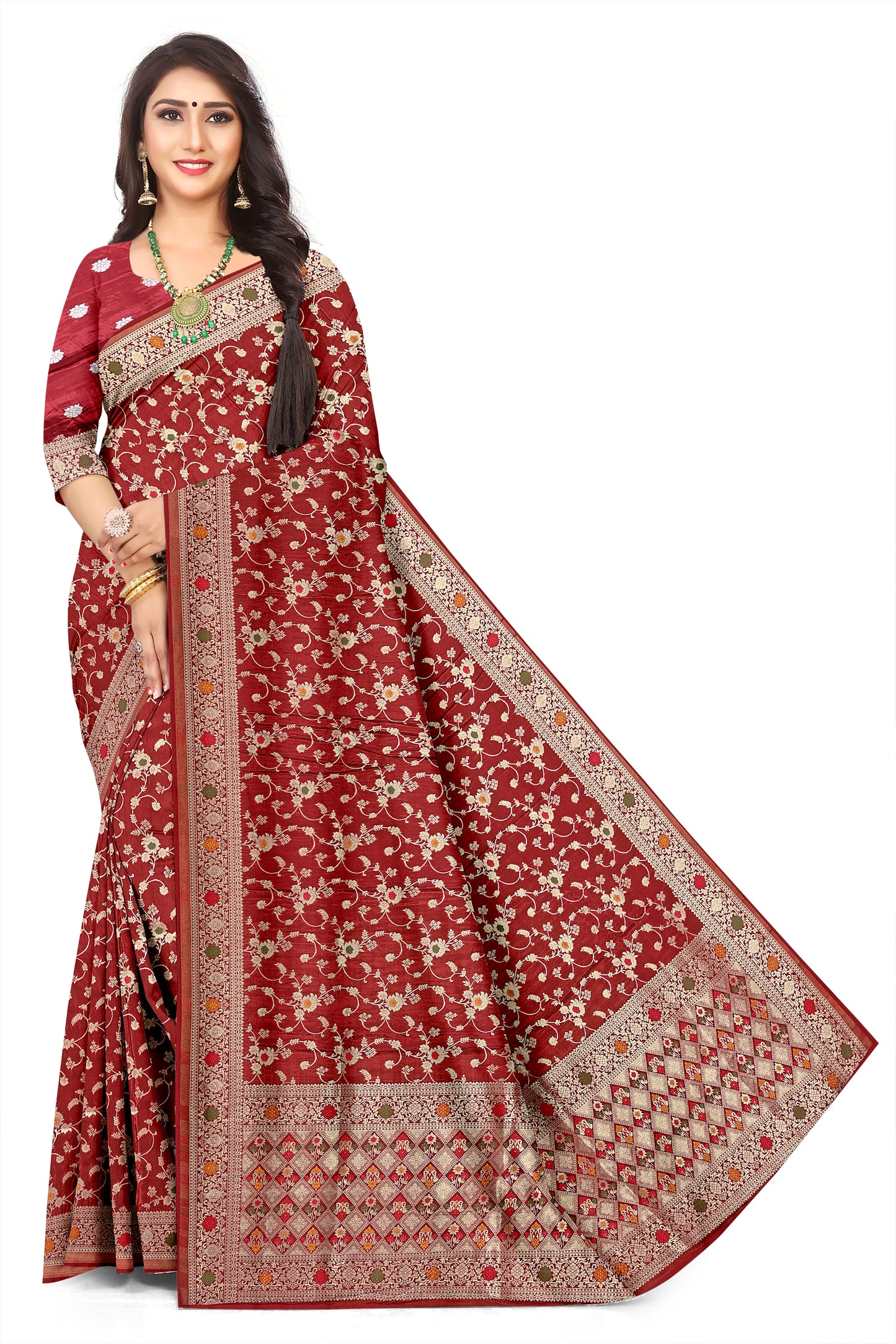 Soft Silk Viscose Satin with Meenakari with maroon Colour Jacquard Saree with Floral Woven Motifs
