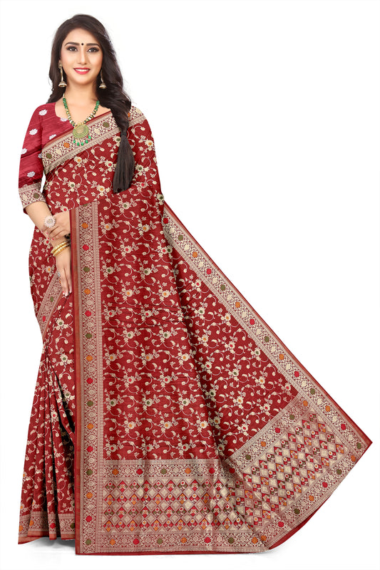 Soft Silk Viscose Satin with Meenakari with maroon Colour Jacquard Saree with Floral Woven Motifs