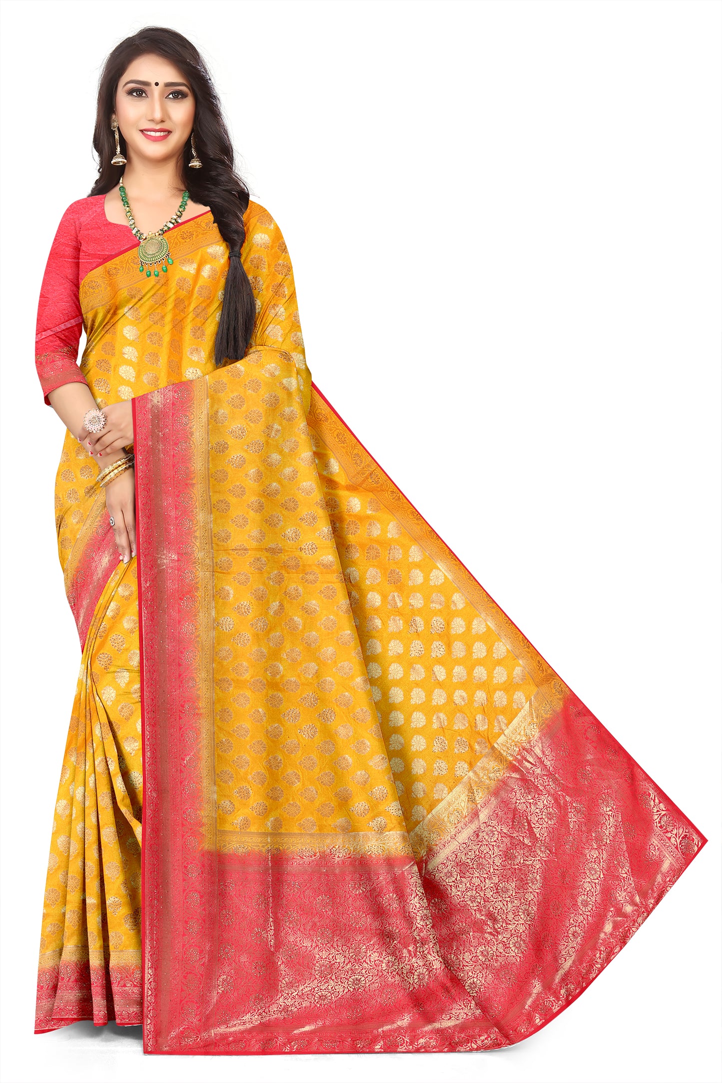 Rich Jacquard Weaving Saree with Luxurious Finish Yellow Body with red palav with swarovski work for Women