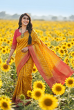 Rich Jacquard Weaving Saree with Luxurious Finish Yellow Body with red palav with swarovski work for Women