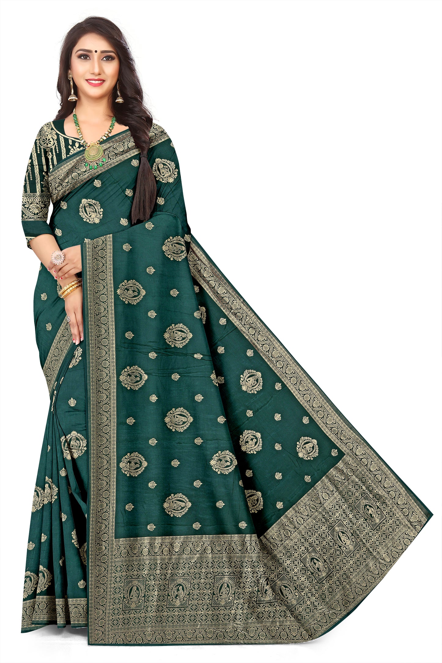 Dark Green Viscose Satin Banarasi Jacquard Saree for Wedding & Party Wear
