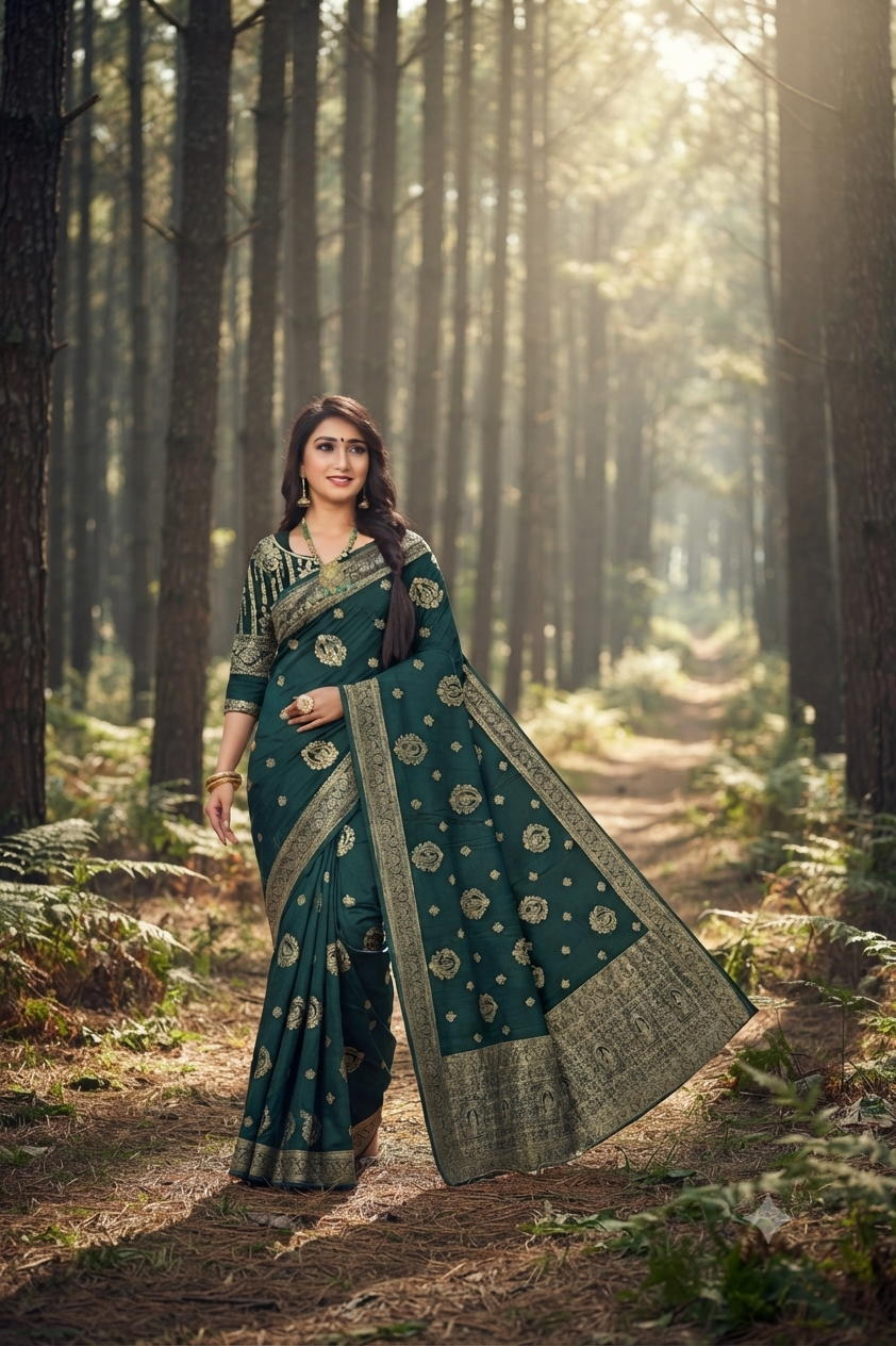 Dark Green Viscose Satin Banarasi Jacquard Saree for Wedding & Party Wear