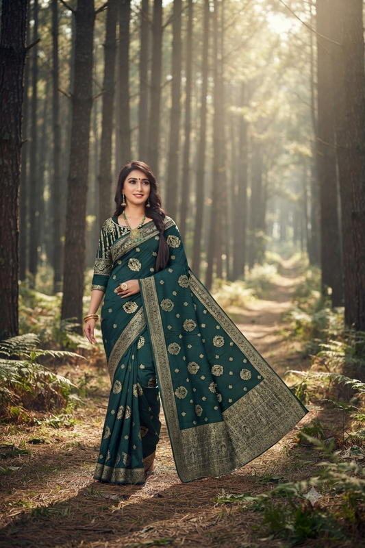 Dark Green Viscose Satin Banarasi Jacquard Saree for Wedding & Party Wear