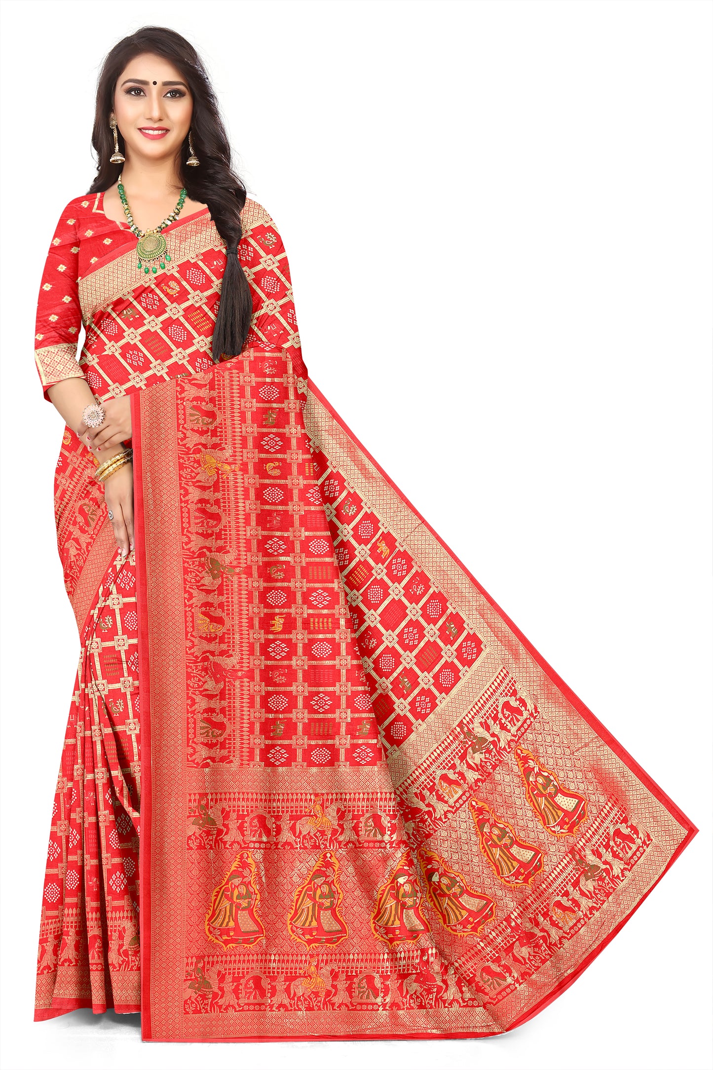 Grand Wedding Red Bandhni Viscose Jacquard Silk Saree