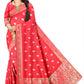 Premium Woven Red Viscose Satin Jacquard Silk Saree with Designer Pallu
